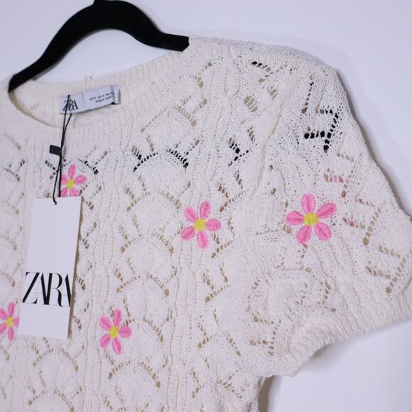 ZARA NEW Floral Crochet Knit Top Ivory Embroidered Short Sleeve Women's S - Picture 3 of 11